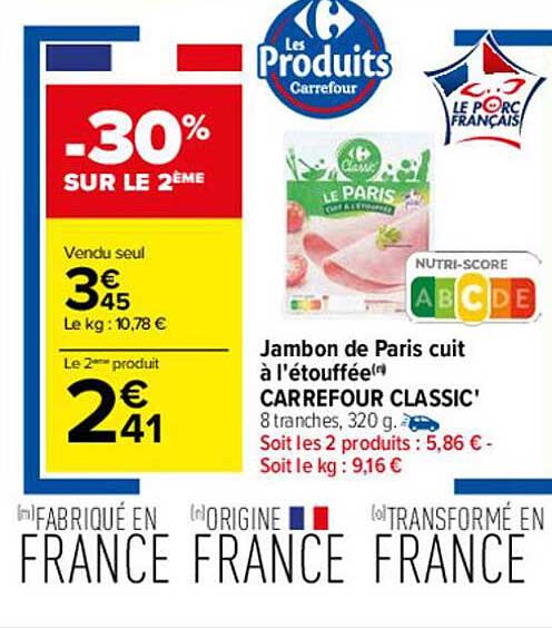 Jambon De Paris Cuit à L’étouffée Carrefour Classic