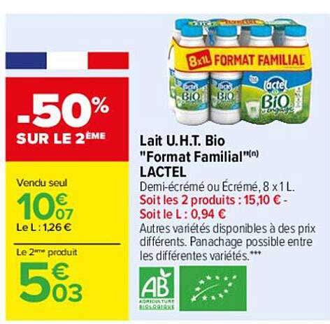 lait uht bio "format familial" lactel