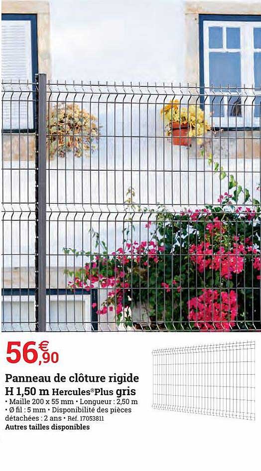 panneau de clôture rigide h 1.50m hercules plus gris