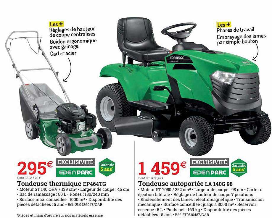 tondeuse thermique ep464tg ou tondeuse autoportée la 140g 98 edenparc