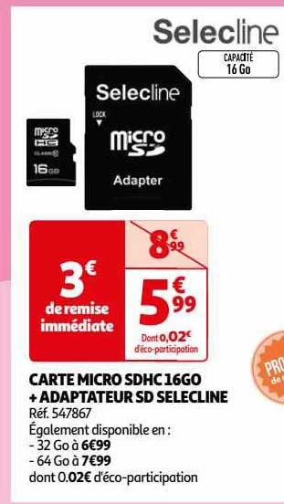 carte micro sdhc 16go + adaptateur sd selecline