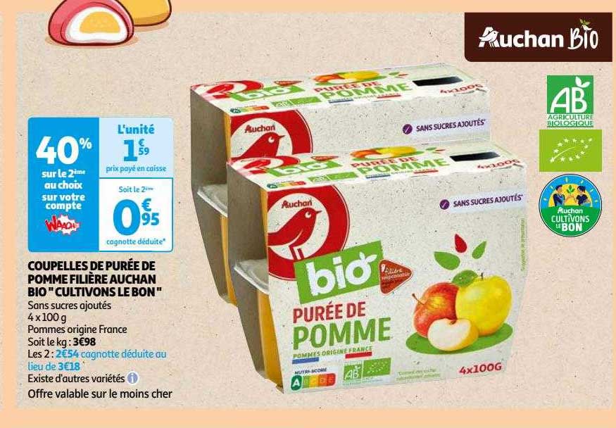 coupelles de purée de pomme filière auchan bio "cultivons le bon"