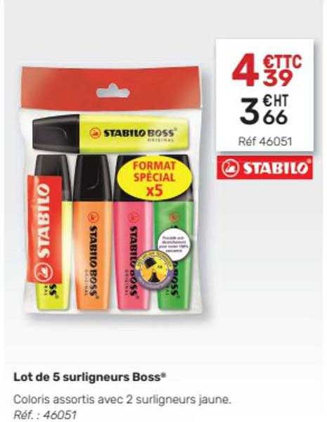 Lot De 5 Surligneurs Boss Stabilo