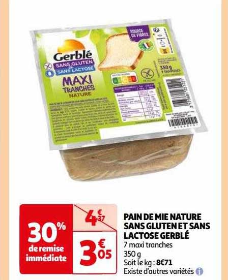 pain de mie nature sans gluten et sans lactose gerblé