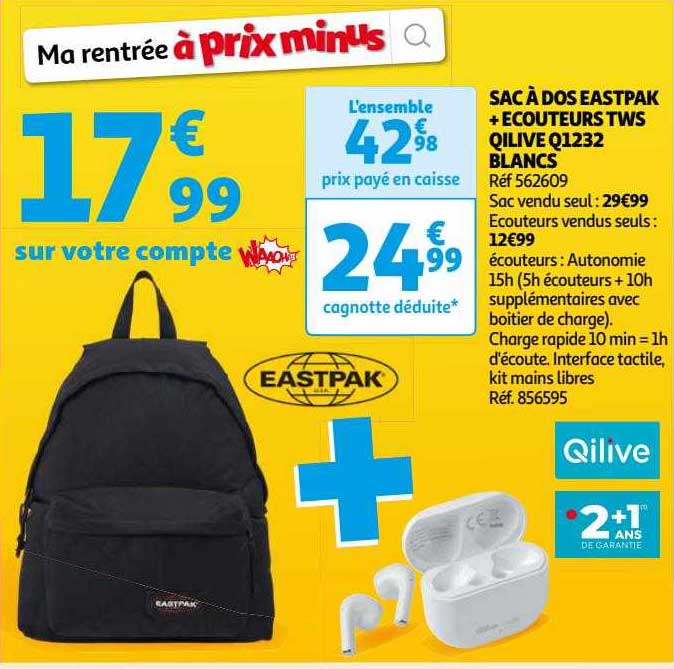 sac à dos eastpak + écouteurs tws qilive q1232 blancs