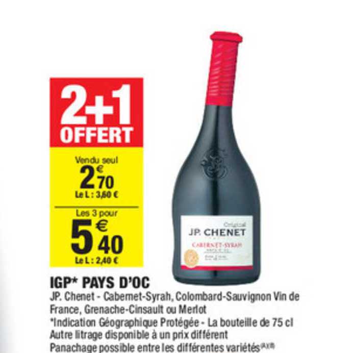 igp pays d'oc jp. chenet cabernet syrah 2+1 offert