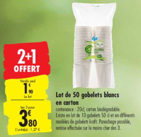 Lot De 50 Gobelets Blancs En Carton 2+1 Offert