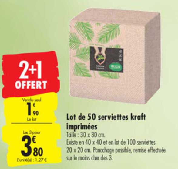lot de 50 serviettes kraft imprimées 2+1 offert