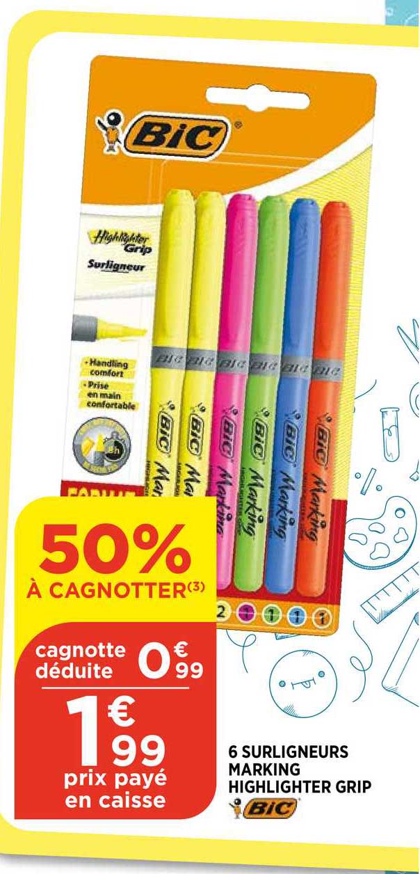 6 Surligneurs Marking Highlighter Grip Bic