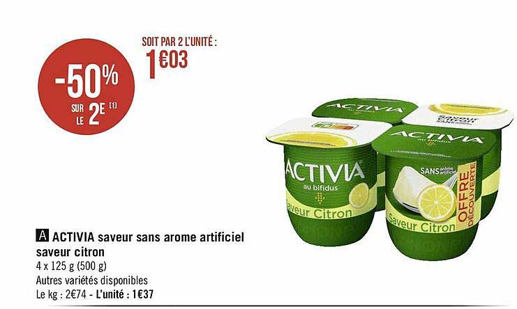 Activia Saveur Sans Arôme Artificiel Saveur Citron -50% Sur Le 2e