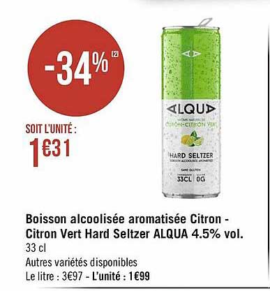 boisson alcoolisée aromatisée citron - citron vert hard seltzer alqua 4.5% vol.