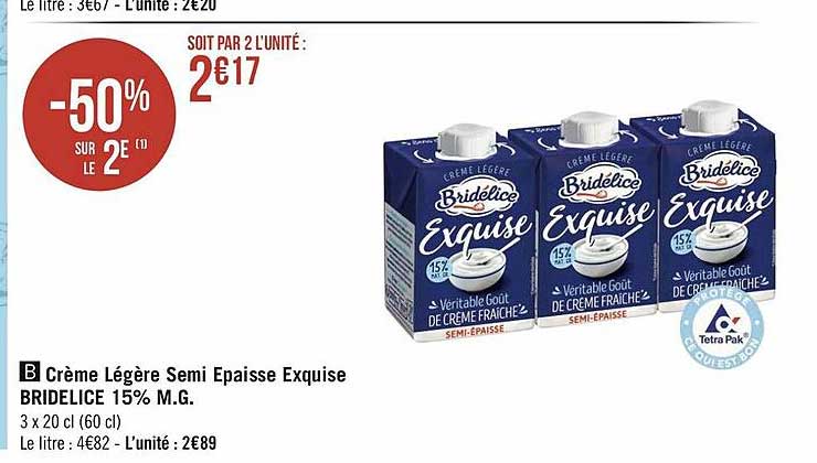 crème légère semi épaisse exquise bridélice 15% m.g. -50% sur le 2e