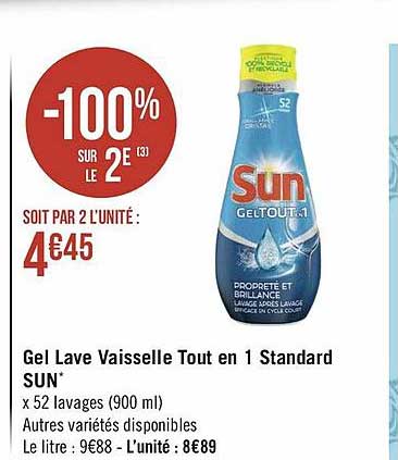 gel lave vaisselle tout en 1 standard sun -100% sur le 2e
