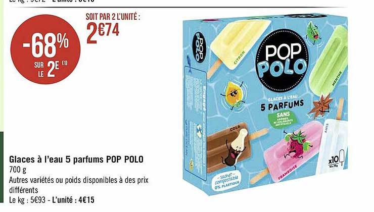 glaces à l'eau 5 parfums pop polo -68% sur le 2e