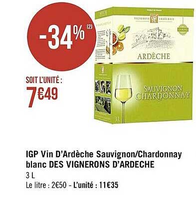 igp vin d'ardèche sauvignon - chardonnay blanc des vignerons d'ardèche