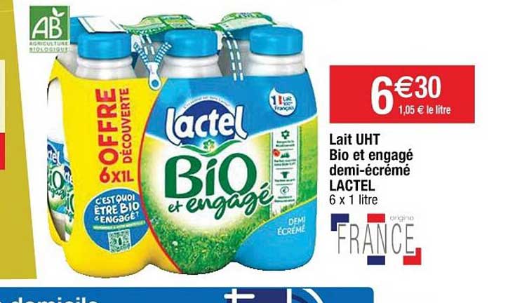 lait uht bio et engagé demi-écrémé lactel