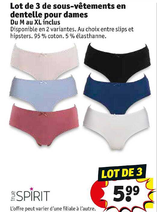 lot de 3 de sous-vêtements en dentelle pour dames true spirit