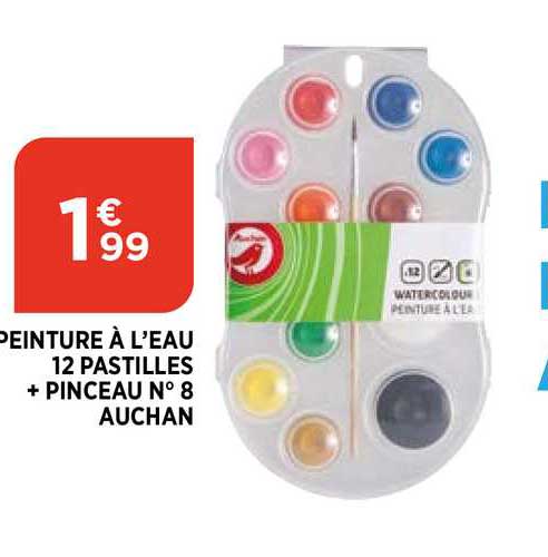 peinture à l'eau 12 pastilles + pinceau n°8 auchan