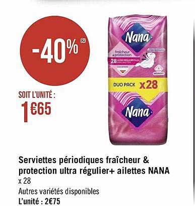 serviettes périodiques fraîcheur & protection ultra régulier + ailettes nana