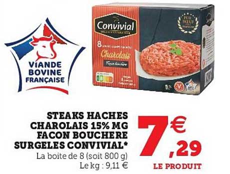 steaks haches charolais 15% mg façon bouchère surgelé convivial