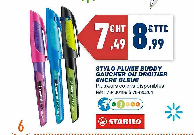 stylo plume buddy gaucher ou droitier encre bleue stabilo