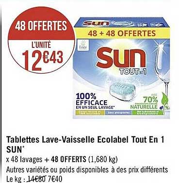tablettes lave-vaisselle écolabel tout en 1 sun