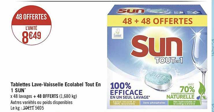 tablettes lave-vaisselle ecolabel tout en 1 sun