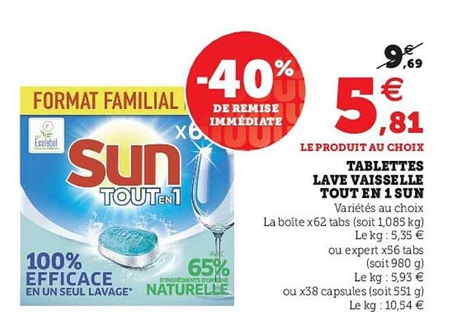 tablettes lave vaisselle tout en 1 sun