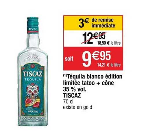 téquila blanco édition limitée tatoo + cône 35% vol. tiscaz