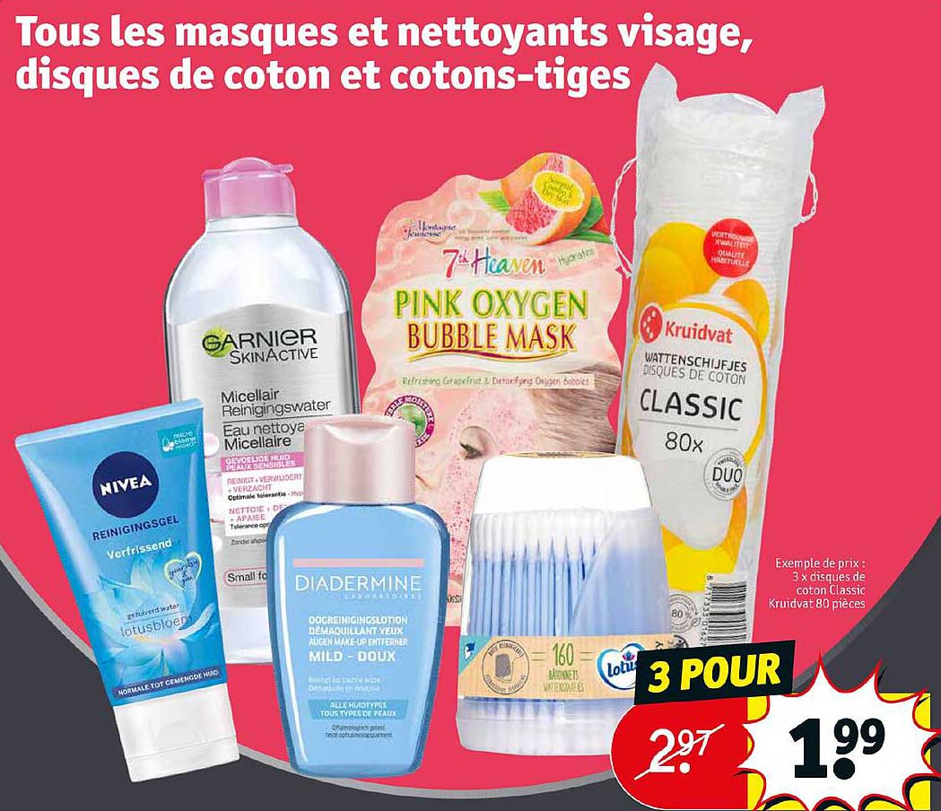 les masques et nettoyants visage, disques de coton et cotons-tiges