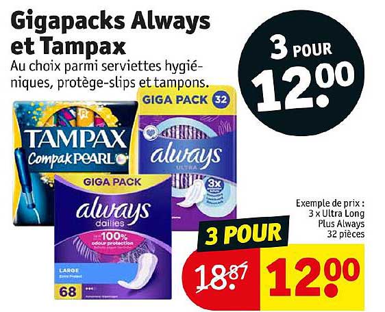 serviettes hygiéniques, protège-slips et tampons gigapacks always et tampax