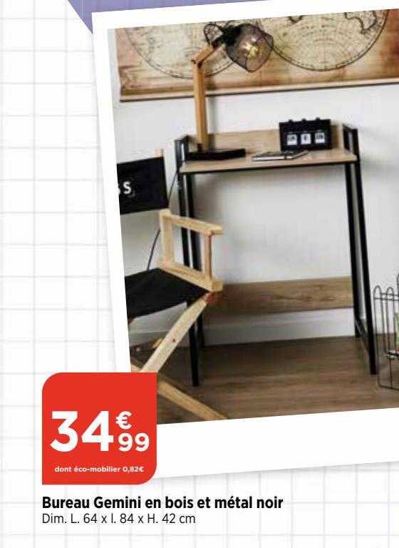 bureau gemini en bois et métal noir