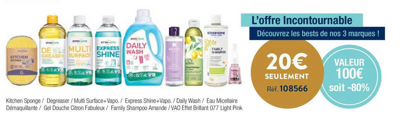 kitchen sponge/degreaser/multi surface + vapo/express shine + vapo/daily wash/eau micellaire démaquillante/gel douche citron fabuleux/family shampoo amande/vao effet brillant 077 light pink