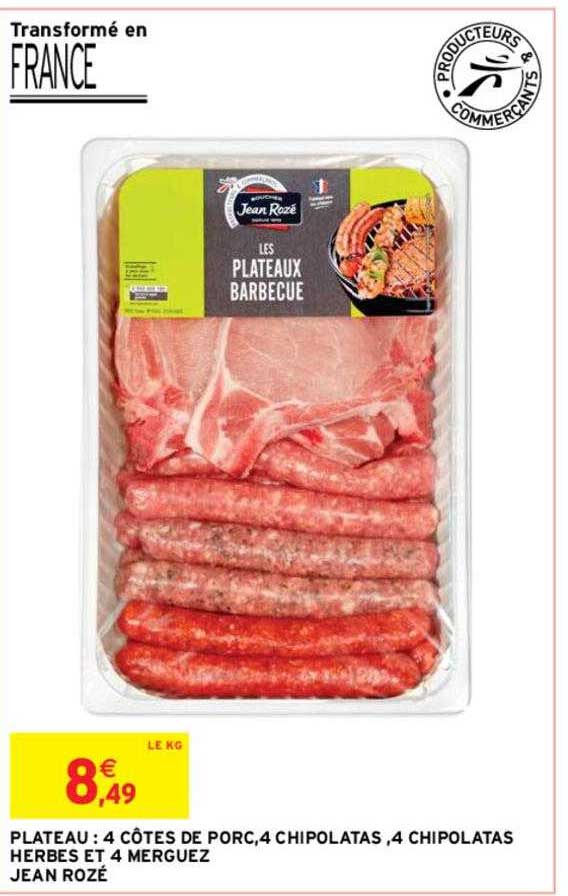 plateau : 4 côtes de porc, 4 chipolatas, 4 chipolata herbes et 4 merguez jean rozé