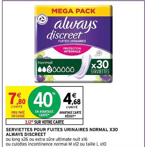 Serviettes Pour Fuites Urinaires Normal X 30 Always Discreet