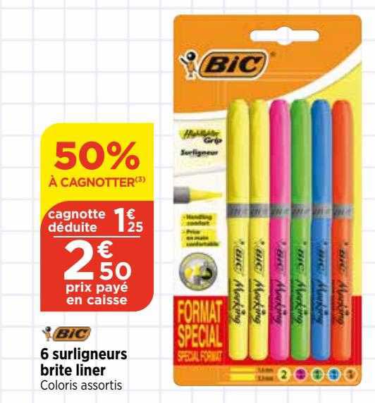 6 surligneurs brite liner bic