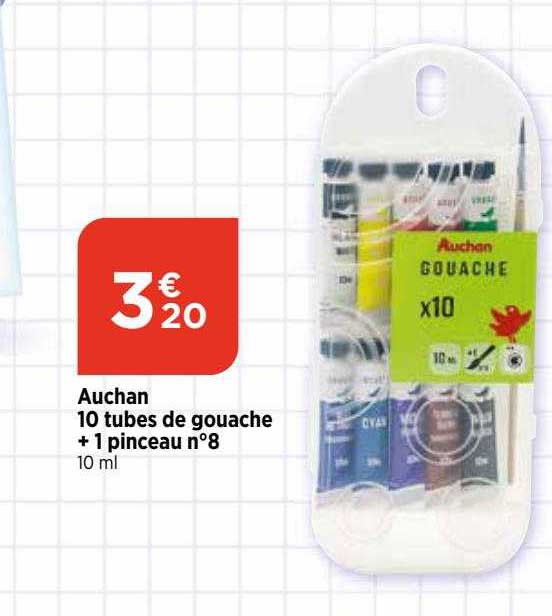 auchan 10 tubes de gouache + 1 pinceau n°8