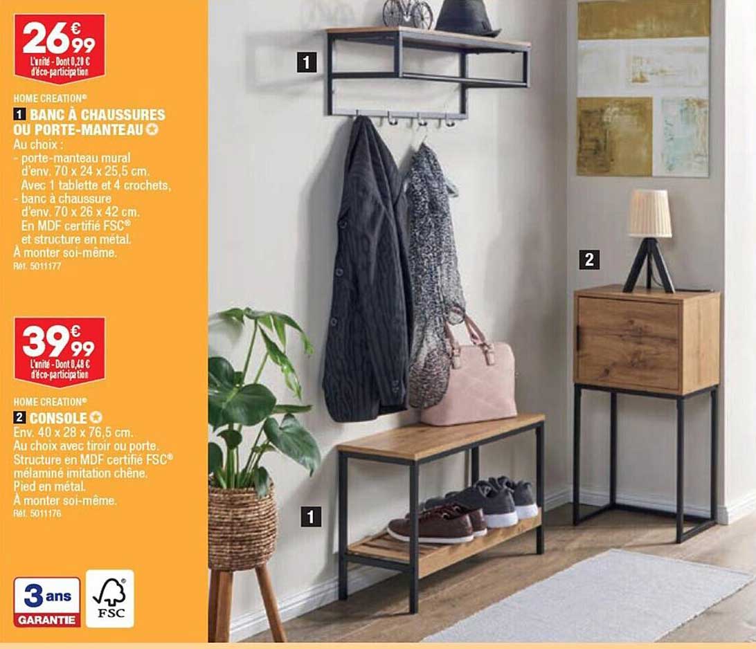 Banc à Chaussures Ou Porte-manteau, Console Home Creation