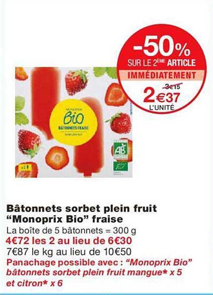 Batonnets Sorbet Plein Fruit "monoprix Bio" Fraise