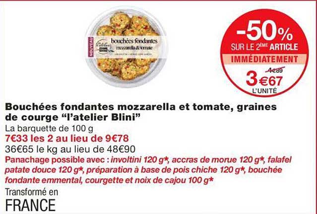 bouchées fondantes mozzarella et tomate, graines de courge "l'atelier blini"