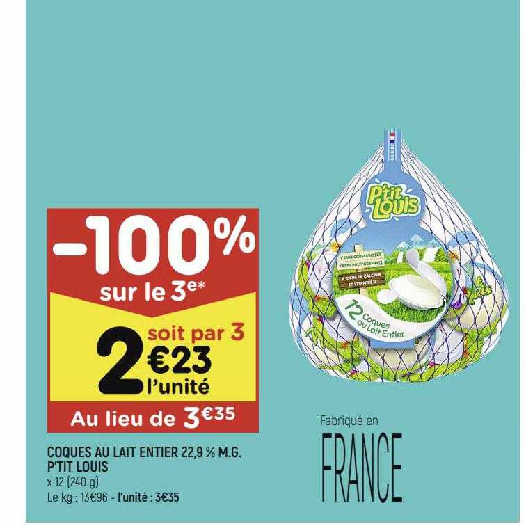 coques au lait entier 22,9% m.g. p'tit louis