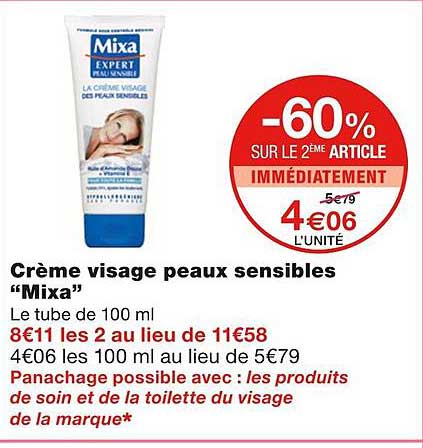 crème visage peaux sensibles "mixa"