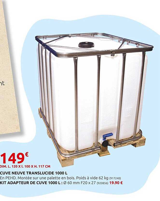 cuve neuve translucide 1000l, kit adapteur de cuve 1000l