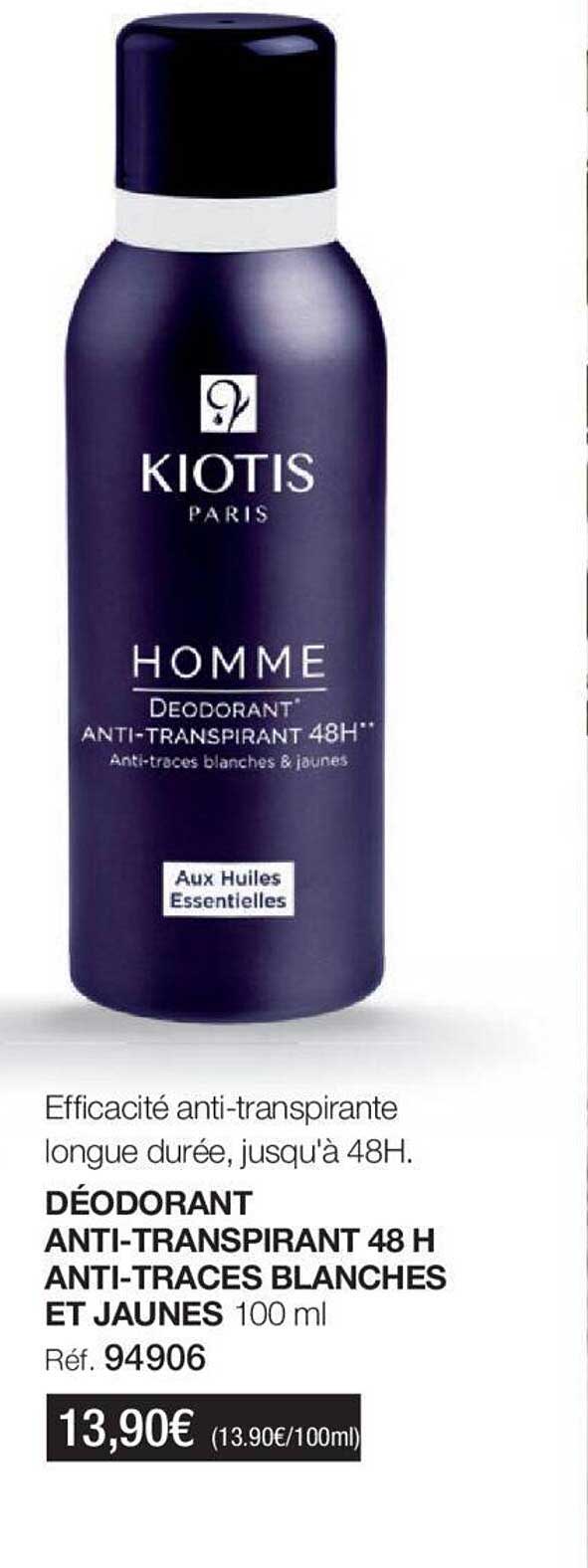 déodorant anti-transpirant 48h anti-traces blanches et jaunes kiotis paris