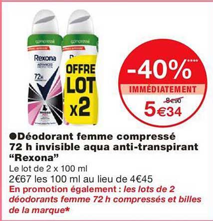 déodorant femme compressé 72h invisible aqua anti-transpirant "rexona"