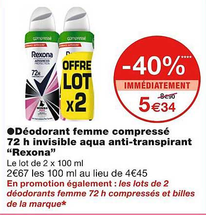déodorant femme compressé 72h invisible aqua anti-transpirant "rexona"