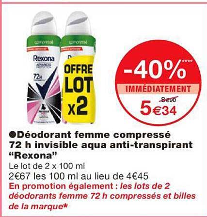déodorant femme compressé 72h invisible aqua anti-transpirant rexona