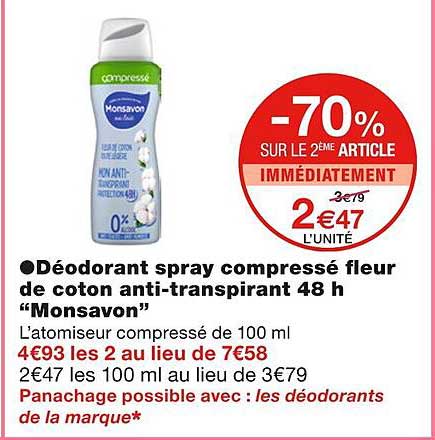 déodorant spray compressé fleur de coton anti-transpirant 48h "monsavon"