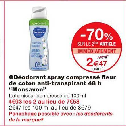 déodorant spray compressé fleur de coton anti-transpirant 48h "monsavon"