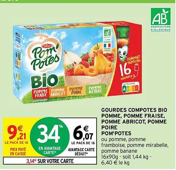 Gourdes Compotes Bio Pomme, Pomme Fraise, Pomme Abricot, Pomme Poire Pom'potes